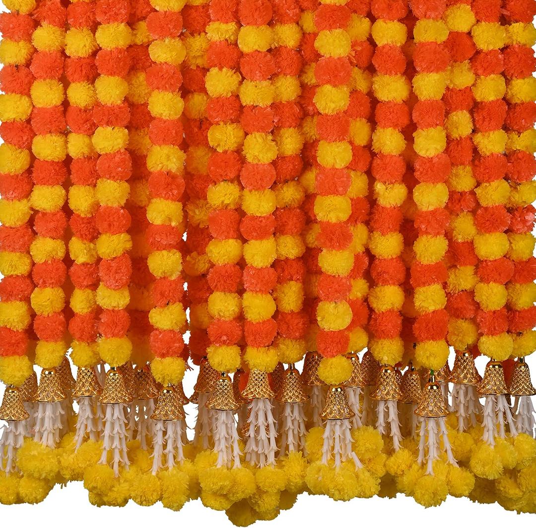 Marigold Garland for Decoration 5 Pcs of 5 feet Long Strands Artificial Marigold Flowers with Bell, Indian Dcor for Pooja/Diwali Decorations/Christmas (Orange + Yellow)