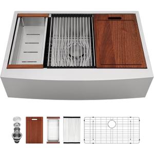 Sarlai 33 Farm Sink Stainless Steel - 33 x 22 Inch Farmhouse Kitchen Sink Ledge Workstation Apron Front Single Bowl 16 Gauge Stainless Steel Luxury Kitchen Farmer Sinks Basin