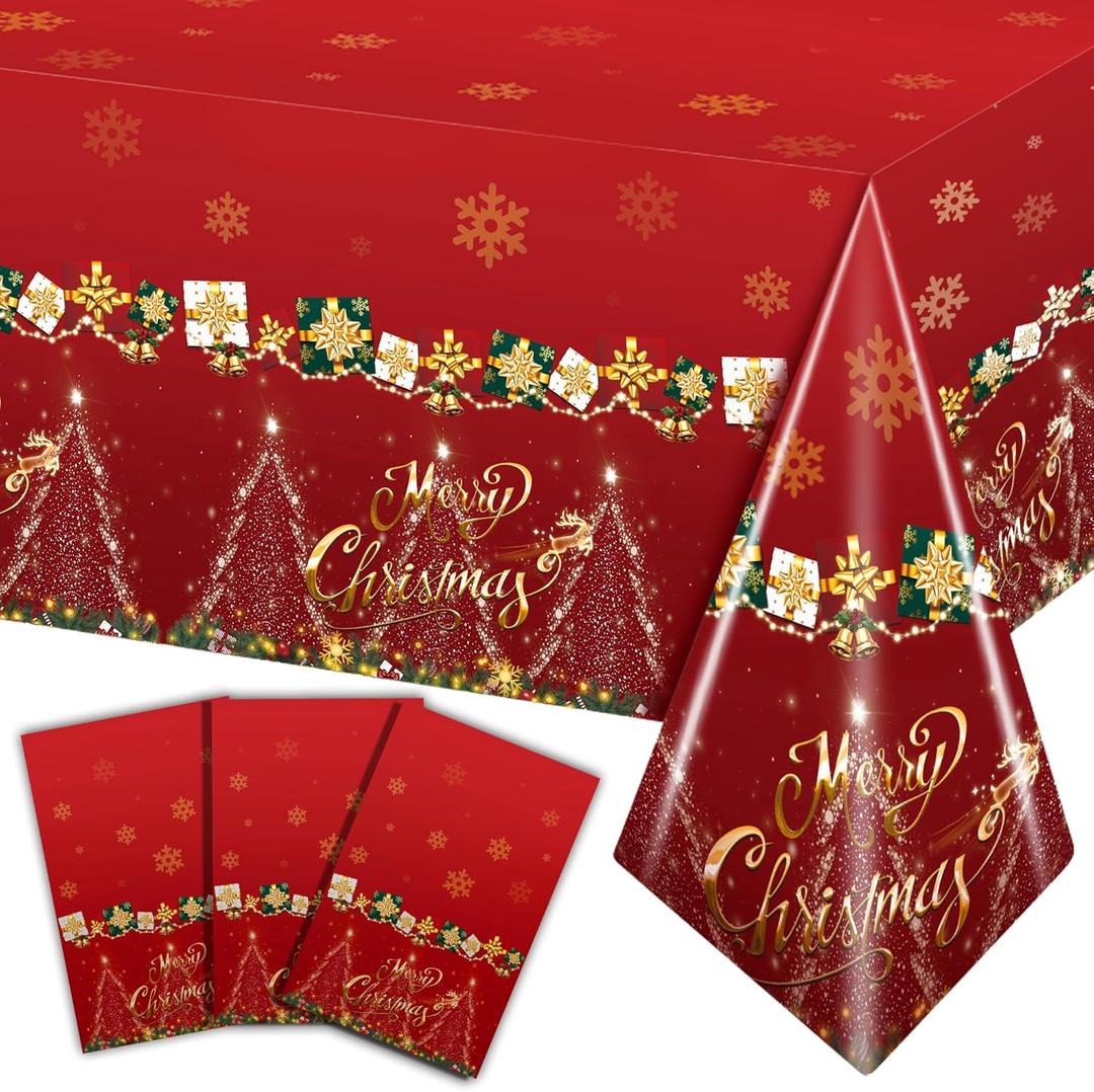 Christmas Tablecloth - 3 Pcs Disposable Plastic Table Covers 54x108 Inch, Holiday Snowflake Red Tablecloth Set for Rectangle Tables Xmas Decor for Home, Dinner Party & Winter Celebrations