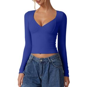 QINSEN Women's Long Sleeve V Neck T Shirts Double Lined Crop Top Seamed Cup Going Out Tops, Small