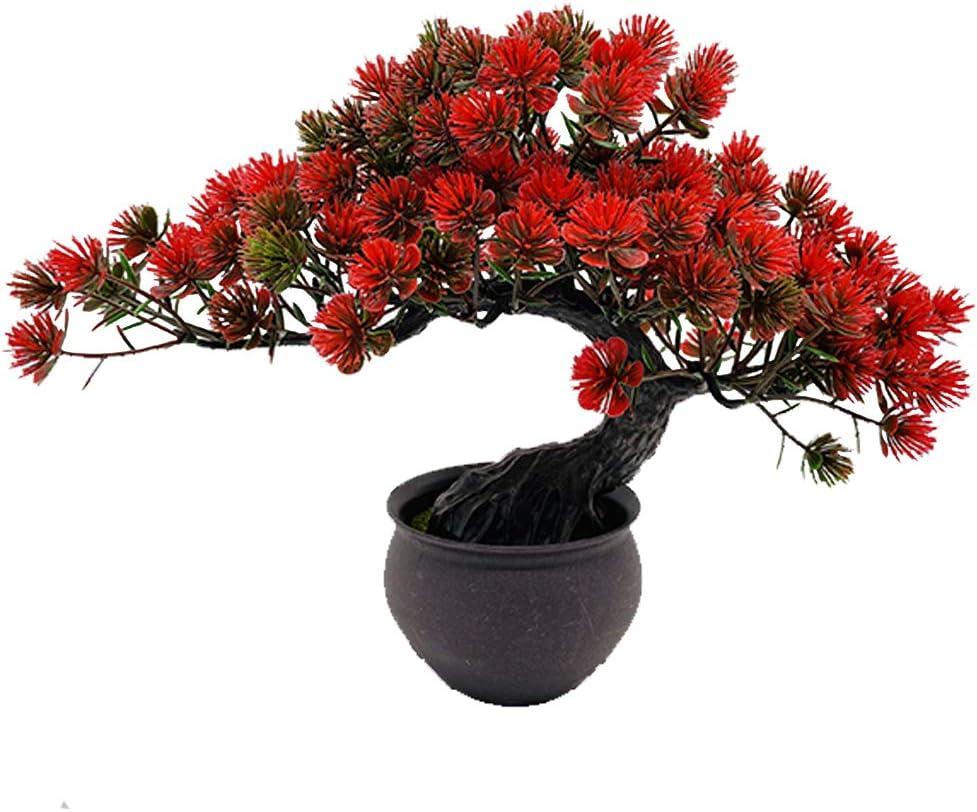 Fycooler Artificial Plants Artificial Bonsai Juniper Tree Potted Faux Japanese Pine Bonsai Simulation Zen Garden Fake Plant Artificial Bonsai Tree for Home Office Showcase Indoor Décor Desktop Display (Red)