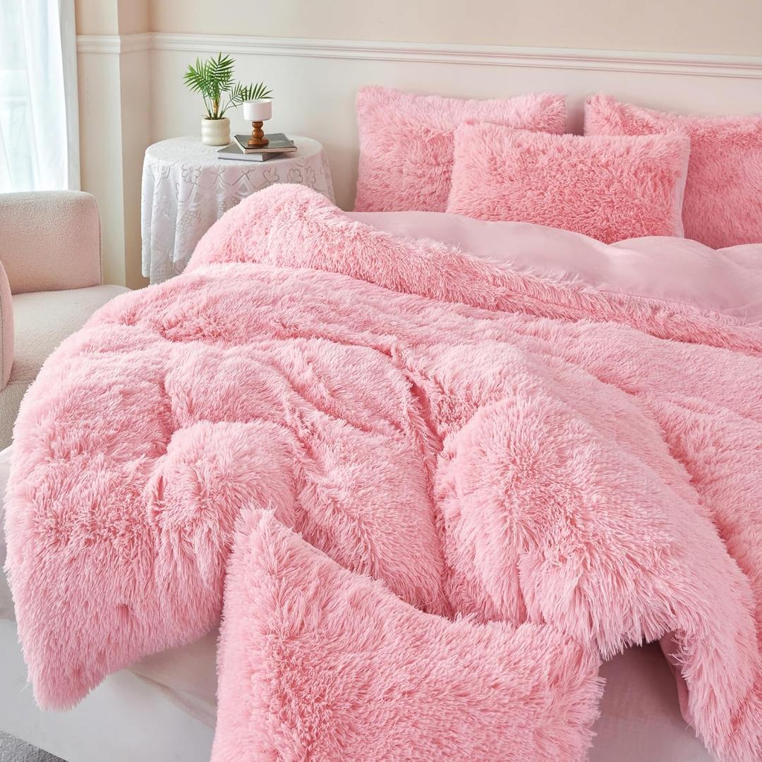 RYNGHIPY Pink Fluffy Velvet Bedding Set 3Pcs Ultra Soft Long Hair Plush Shaggy Duvet Cover with Pillowcases Queen Size Girls Bedding Sets (Pink, Queen)