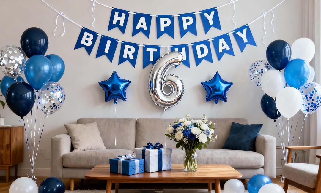 6th Birthday Party Decoration Blue for Boys, Happy Birthday Banner Blue Number 6 Star Foil Balloons Latex Confetti Balloons for Him Boys 6 Years Old Themed Supplies (6th)