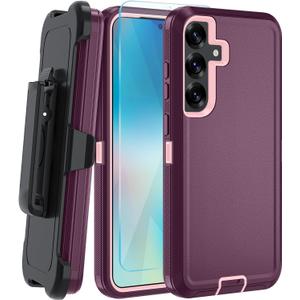 for Samsung Galaxy S25 Plus Case, with HD Tempered Glass Screen Protector, Heavy Duty Shockproof Drop Protective Rugged Tough Durable Phone Cover (with Belt Clip-Wine red/Pink)