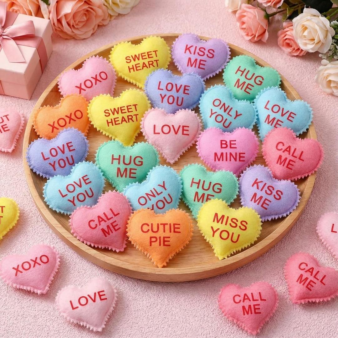 Patelai 12 Pcs Valentine's Day Decorations Heart Vase Filler Felt Ornaments Conversation Stuffed Fabric Hearts Valentines Tiered Tray Decor Hanging Ornaments for Party DIY Crafts(Lovely Style)