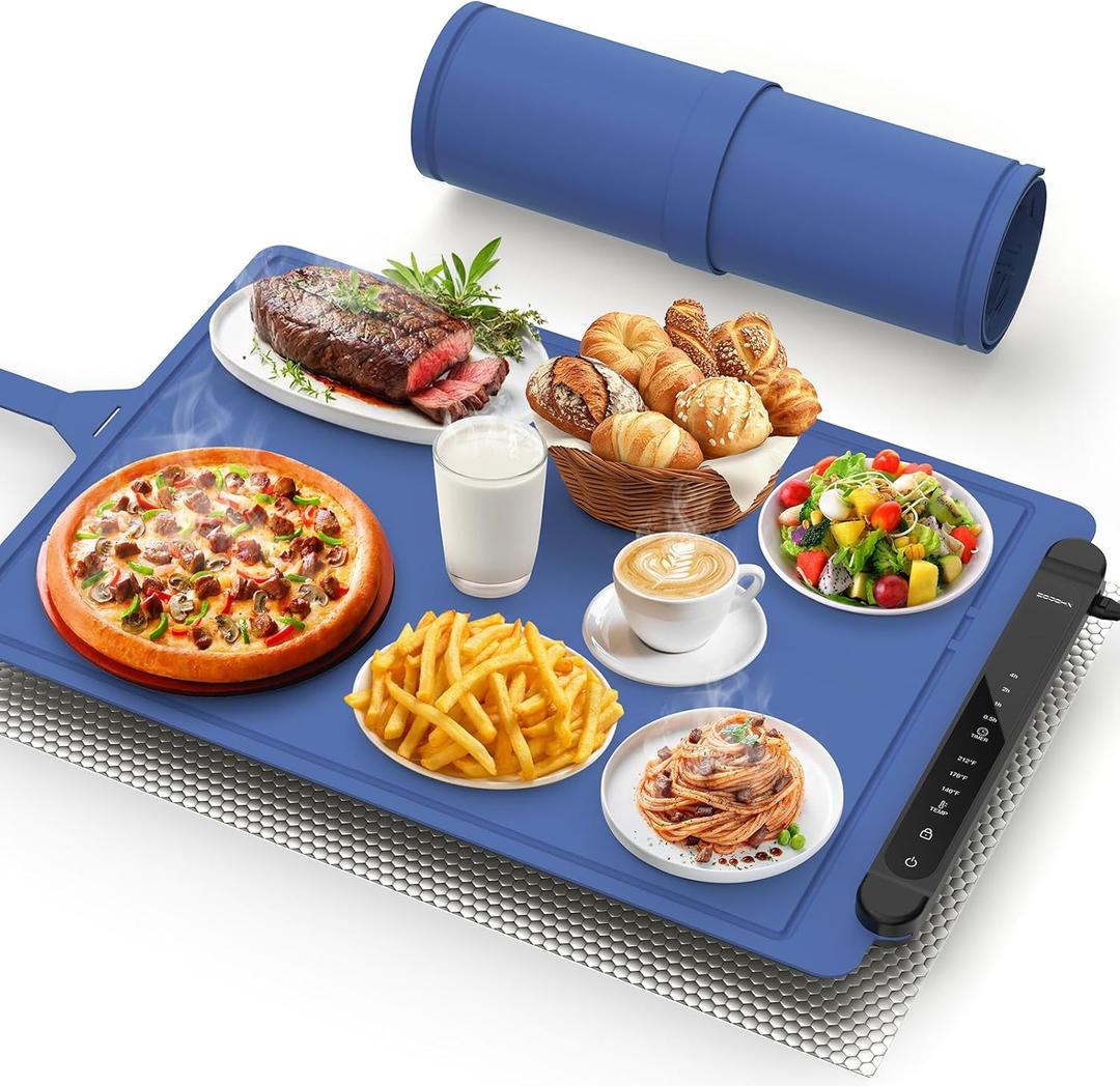 Warming Mat for Food Warmer Pad: Foldable Silicone Electric Warming Tray for Buffets Party - Fast Heating Portable Hot Plates for Countertop Kitchen Travel Home Outdoor Car Holiday Ideas (24 X 16 inch, Blue)