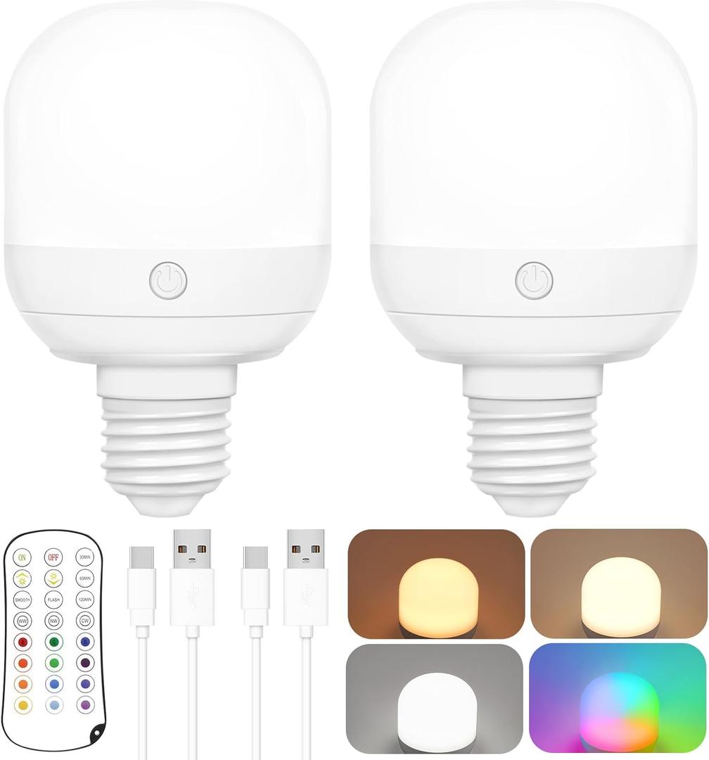 Yochoice 2-Pack Rechargeable Battery Operated Light Bulb with Remote Control, E26 Battery Powered Dimmable Light Bulb with 3 Color Temperatures + 12 RGB Colors, Detachable LED Bulb for Wall Sconce