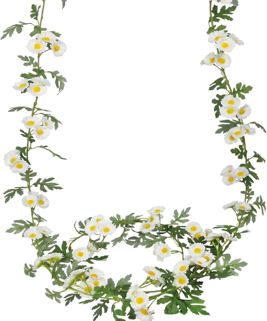 2 Pcs Wildflower Garland Spring Flowers Garland 12 FT White Artificial Daisy Flowers and Leaves Faux Floral Vine for Mantle Baby Shower Wedding Arch Porch Staircase Summer Decor