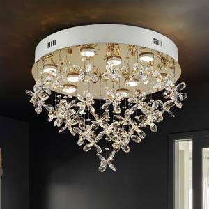 9-Lights Modern Chandelier K9 Crystal Lighting Fixture,20 Inch Round Stainless Steel Flush Mount Ceiling Lights for Bedroom Foyer Hallway Dining Room,GU10 Bulbs Include, D20"