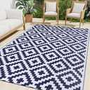 Smiry Waterproof Outdoor Rug 9x12 ft, Reversible Plastic Straw Patio Camping Rugs, Outdoor Indoor RV Mat Carpet for Patio, Outside Entry, Backyard, Deck, Bench, Picnic, Camper, White & Navy