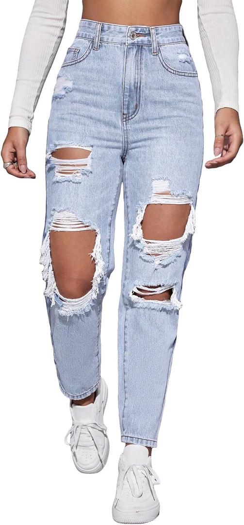 Floerns Women's Ripped High Waist Boyfriend Jeans Distressed Stretchy Denim Pants (Blue, S)
