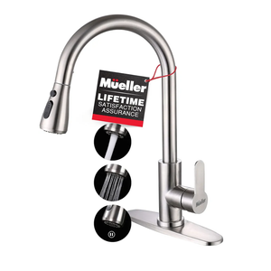Mueller Single Handle Stainless Steel Kitchen Sink Faucet, High Arc, Single Lever, Pull-Out Sprayer Head, Stream Flow, Powerful Spray Kitchen Sink, with Deck Plate Brushed Nickel Finish