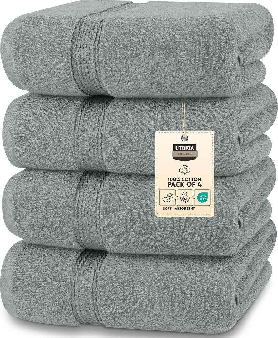 Utopia Towels 4 Pack Premium Bath Towels Set, 27 by 54 Inches, 100% Ring Spun Cotton 600GSM, Lightweight and Highly Absorbent Quick Drying Towels, Perfect for Daily Use, Cool Grey