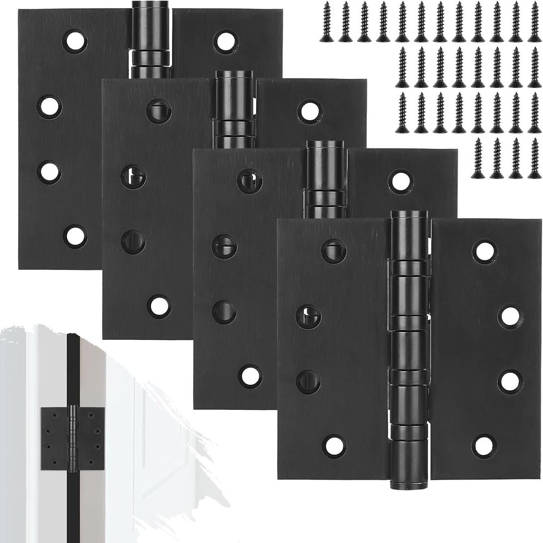4 Pack Stainless Steel Black Door Hinges, Heavy Duty Door Hardware, 4 x 4 Inch Door Hinge with Ball Bearing, Door Hinges with Square Corners