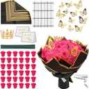 36 PCS Hot Pink Glitter Roses Bouquet Kit, Sparkling Flower Arrangement with Stems, Butterflies, Crown, Wrapping Paper, Card, Ribbon for Wedding, Holiday, Mothers Day, Birthday, DIY Crafts