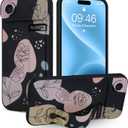 Case for iPhone Air Silicone Phone Case with Strap for Women Girls Cute Floral Flowers Design, Adjustable Finger Strap Kickstand Protective Cover, Black