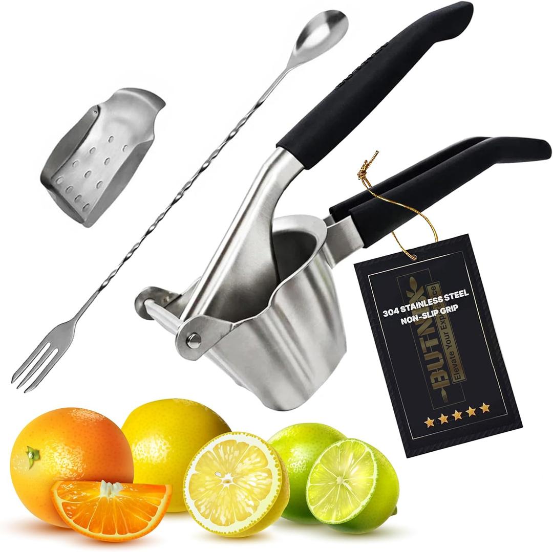 Butnix Lemon Squeezer, Stainless Steel 304 Hand Juicer, 3-in-1 Citrus Squeezer for Lemon Lime Orange, Manual Citrus Juicer with Cocktail Mixing Spoon, Non-Slip Grip, Life Time Warranty