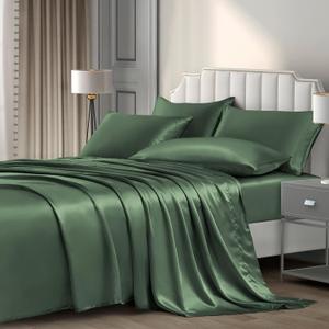 P Pothuiny 6 Pieces Queen Satin Sheets Luxury Woodland Green Satin Bedding Sheet Set, 1 Deep Pocket Fitted Sheet + 1 Flat Sheet + 4 Pillow Cases