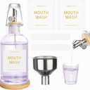 RELBRO Glass Mouthwash Dispenser for Bathroom, 11.8 OZ Refillable Mouthwash Container with Cup, Auto Pour Spout, Bamboo Tray, Funnel, Stickers, Clear, 1 Pcs