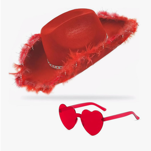Cowboy Hat with Heart Sunglasses - Cowgirl Hat with Feather Boa Brim for Women & Men, Bachelorette Party Halloween
