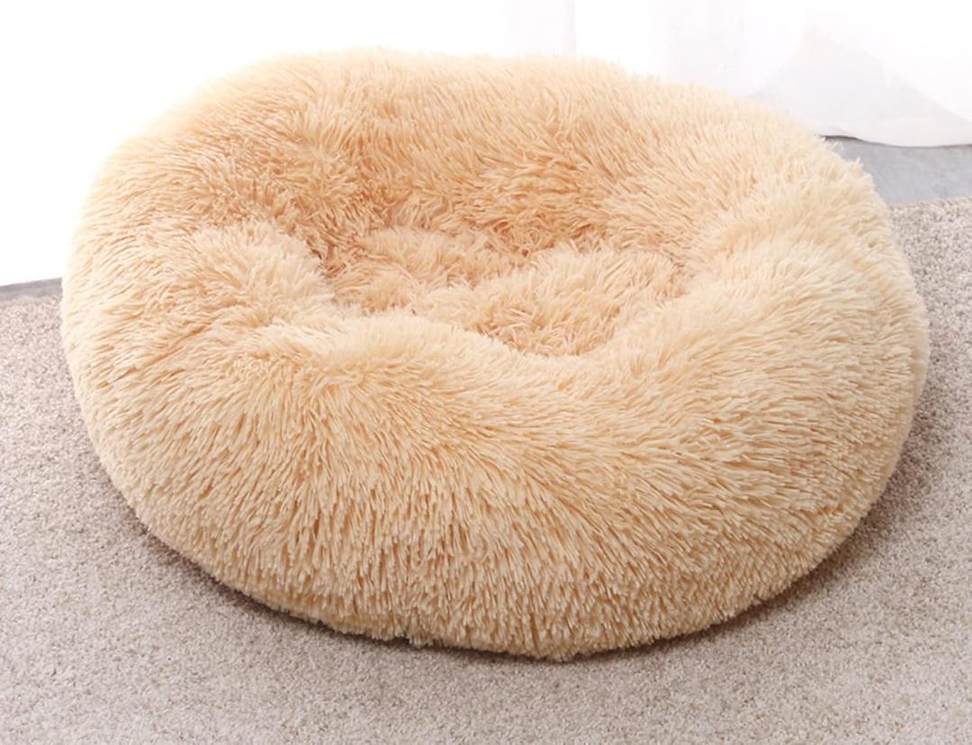 Pet Plush Donut Bed, Puppy Cushion Nest Sleeping Bed, Small Dog and Cats Calming Warm Cuddler Soft Bed, Non-Slip, Machine Washable,Beige,70cm
