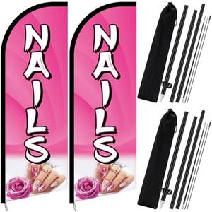 Fanfanwin 2 Sets Nails Salon Feather Flag Sign 7FT Nails Flags for Business Pole Kit with Stainless Steel Ground Spikes Portable Bags Pink Feather Banner Signs for Businesses Advertising Marketing