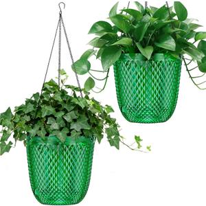 QCQHDU Hanging Planters for Indoor Plants, 2-Pack 7.2 Inch Self Watering Hanging Pots, Plastic Plant Hanger with Drainage Holes and 3 Hooks Chains for Garden Home (Emerald)