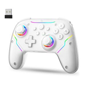 JDDWIN Wireless Controller for Switch 2/Switch/PC/Steam Deck, Hall Effect Joysticks & Triggers/Wake-up Function, Gamepad with RGB Light /Turbo/Programmable/ Dual Vibration Bluetooth USB Adapter for PC (White)