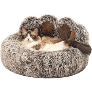 Jiupety Paw Shape Calming Pet Bed, Plush Faux Fur Donut Bed for Dogs & Cats, Machine Washable, Non-Slip Bottom, Medium (22"×22"×6"), Gray