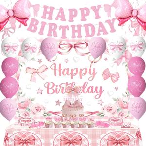 Pink Bow Party Decorations – Bow Theme Happy Birthday Banner, Tablecloth, Balloons & Supplies for Girls or Women Celebrations