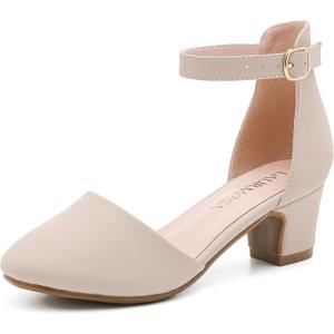 LAURMOSA Nude Pumps Shoes for Girl Closed Toe Low Heels Comfortable Girls Dress Shoes Flower Sandals Wedding Party Elegance Mary Jane Ankle Strap Chunky Block Heels for Little Big Kids(L1012Nude 3)