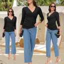 Long Sleeve Wrap Tops for Women, Ruched V Neck Wrap Top Slim Fit Business Casual Shirt Fall Outfits Black (S)