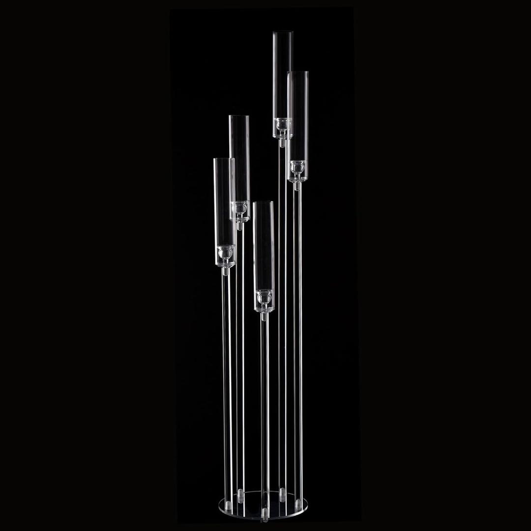 5 Arm Floor Candelabra,Acrylic Floor Candle Holder for Wedding Centerpiece Tall Clear Candle Holders for Ceremony Birthday Party Home Decoration Fit 0.8 LED Candles (1pcs)