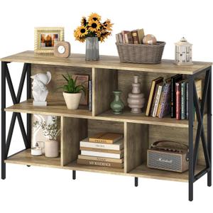 Horizontal Bookshelf,Industrial Modern 5 Cube Low Wide Cubby Bookcase,Long Wood and Metal Storage Organizer Open Shelf, Short Book Shelf Bedroom Storage for Home Office Living Room(Rustic Oak,5 Cube)