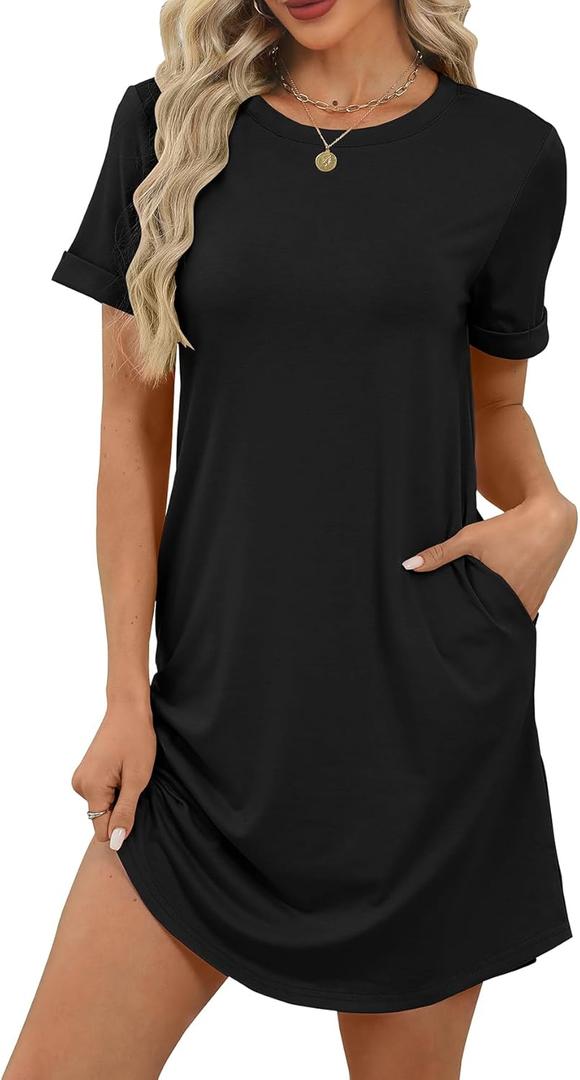 Bluetime Womens T Shirt Dresses Casual 2025 Summer Short Sleeve Loose Vacation Dress with Pockets (Large, Black)
