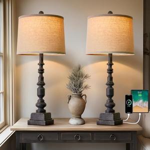 Oneach 27.75” Vintage Farmhouse USB A+C Table Lamps Set of 2 for Living Room Bedroom Traditional Bedside Nightstand Lamp Retro Resin Lamps Linen Shade Nightstand Home Office Antique Black Accent