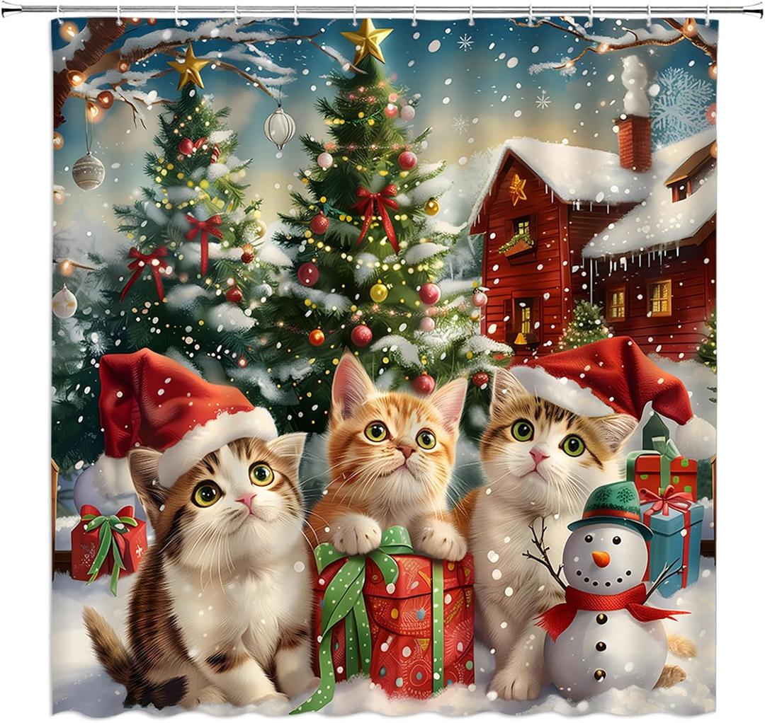 Christmas Cat Shower Curtain Cute Xmas Cat Kitten Colorful Pine Tree Farmhouse Barn Snowflake Funny Winter Holiday 70" WX70 H Bathroom Decor Fabric Curtain with Hooks (Green Brown)