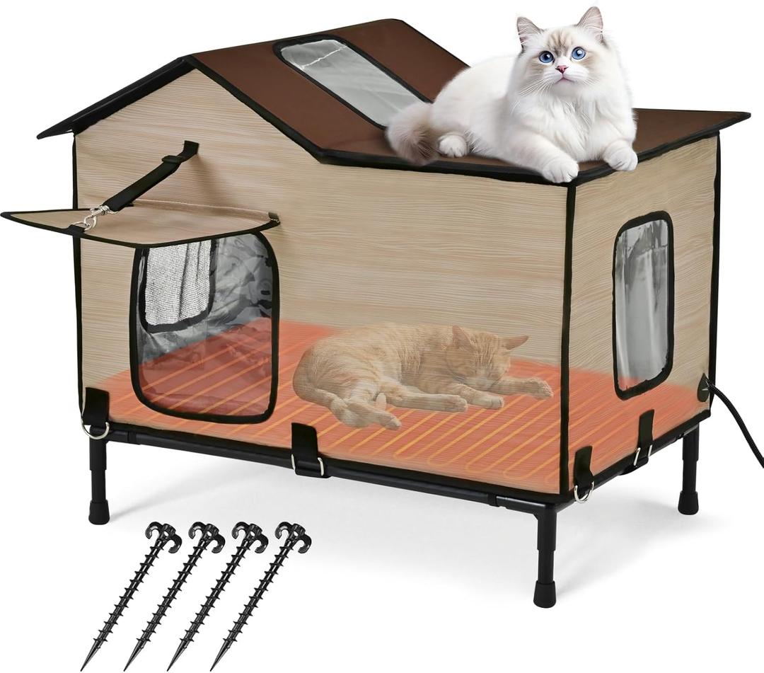 Heated Cat House for Outside in Winter, Weatherproof & Insulated Large Cat Shelter with Heated Cat Bed and 2 Safe Escape Doors for Multiple Stray/Feral Cats(Wood-Grain, 27.6"x19.3"x21.3")