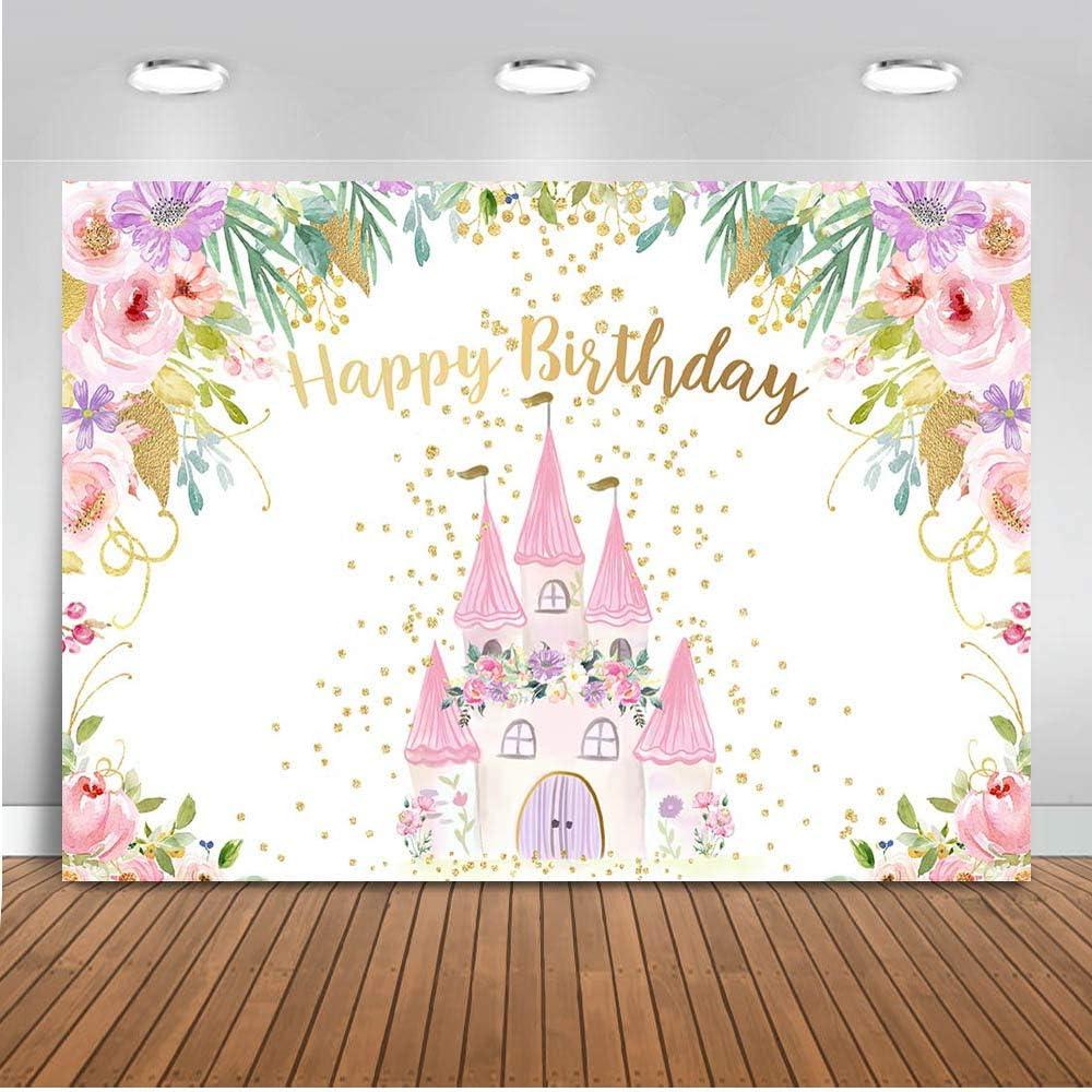 Mocsicka Pink Castle Birthday Backdrop Princess Floral Birthday Party Decorations Photo Backdrops Gold Dots Sweet Girl's Bday Photography Background (7x5ft)