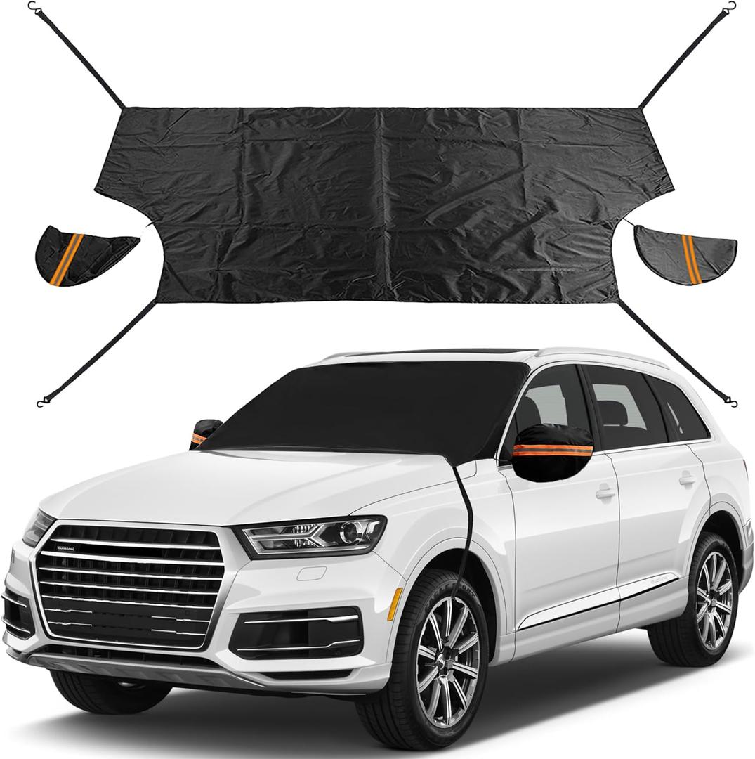 EXQUISLIFE Windshield Snow Ice Cover for Cars, Extra Larger Size 82 x 62 inches Shade, Waterproof Winter Frost and Sunshade Cover with Side Mirrors Cover, Windshield Protector for Cars, SUVs, Trucks (black)