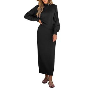 Caracilia 2 Piece Skirt Set for Women Sweater Dress Long Sleeve Oversized Tops Matching Maxi Skirts 2025 Fall Outfits Clothes Black Medium