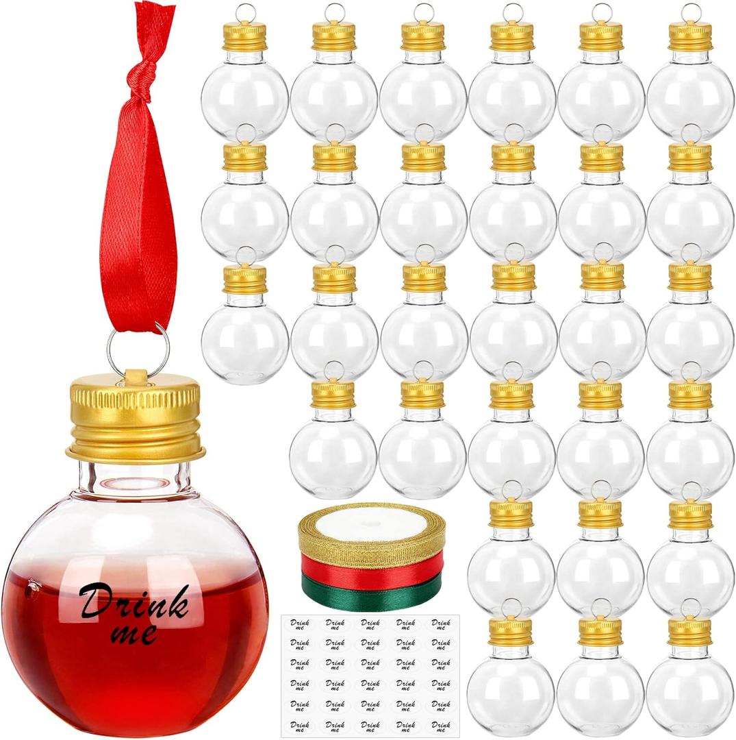 30 Pieces Christmas Booze Balls, Christmas Tree Hanging Ornaments Clear Plastic Fillable Bulbs Pendant Ball with Screw Caps and Ribbons for Christmas Home Party Decor (Gold)
