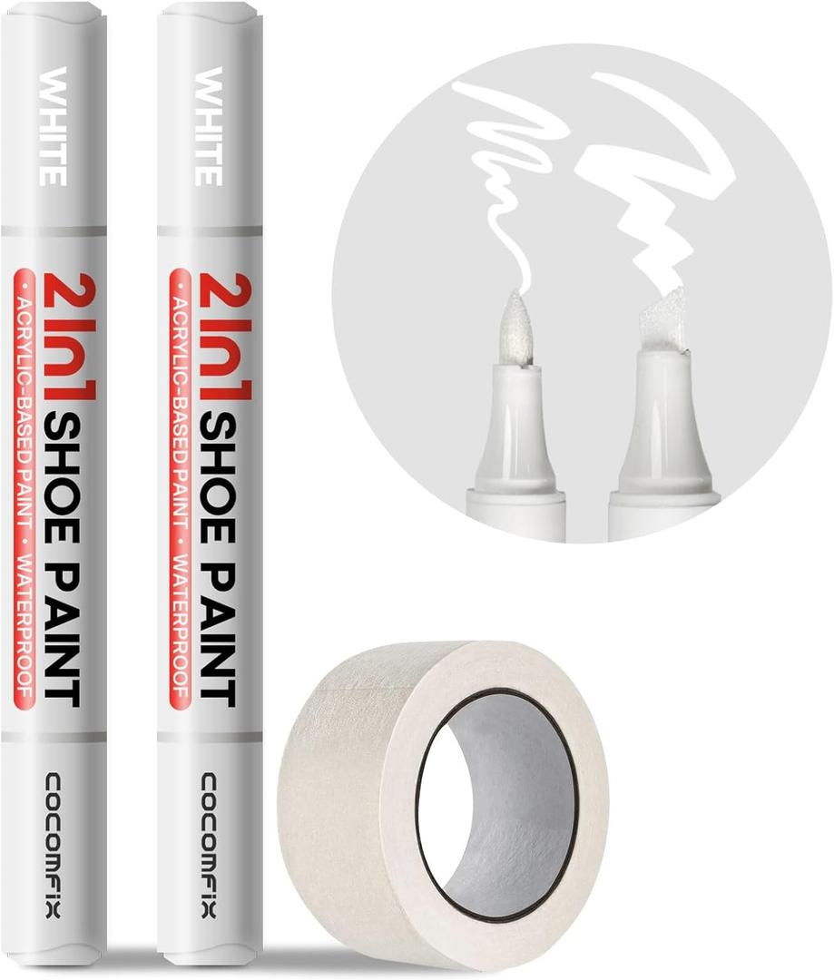 2-in-1 White Shoe Polish Marker, 2 Pack Shoe Paint Instant Whitens Yellowed Midsoles & Fixes Stains, Waterproof Permanent Protective Sneaker Whitener Pen for Foam, Fabric, Rubber, Leather