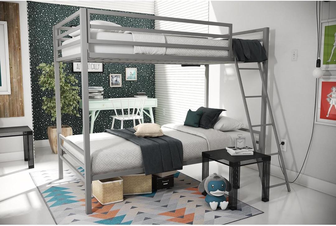 Novogratz Maxwell Metal Bunk Bed Frame for Kids and Teens, With Angled Ladder, High Guardrail and Metal Slats, No Boxspring Required, Underbed Storage Space, Twin-over-Twin, Gray (Grey)