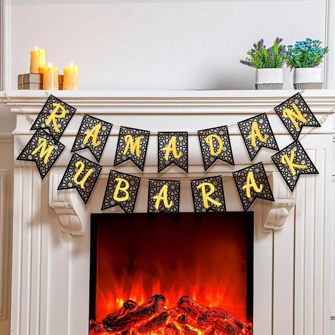 SmoothNovelty 2 Pcs Eid Ramadan Mubarak Banner Wooden Ramadan Mubarak Decoration Rustic Bead Decorations Banner Muslim Party Decor Supplies for Home Fireplace Indoor Outdoor (Black Chip)