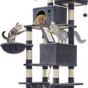 Feandrea Cat Tree, 66.1-Inch Large Cat Tower, Multi-Level Plush Condo with 13 Scratching Posts, 2 Perches, 2 Caves, Basket, Hammock, Pompoms, Smoky Gray UPCT165G01
