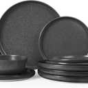Famiware Milkyway Plates and Bowls Sets, 12 Pieces Dinnerware Sets, Reactive Glaze Dish Set, Stoneware Dishes Set for 4, Matte Dark Charcoal