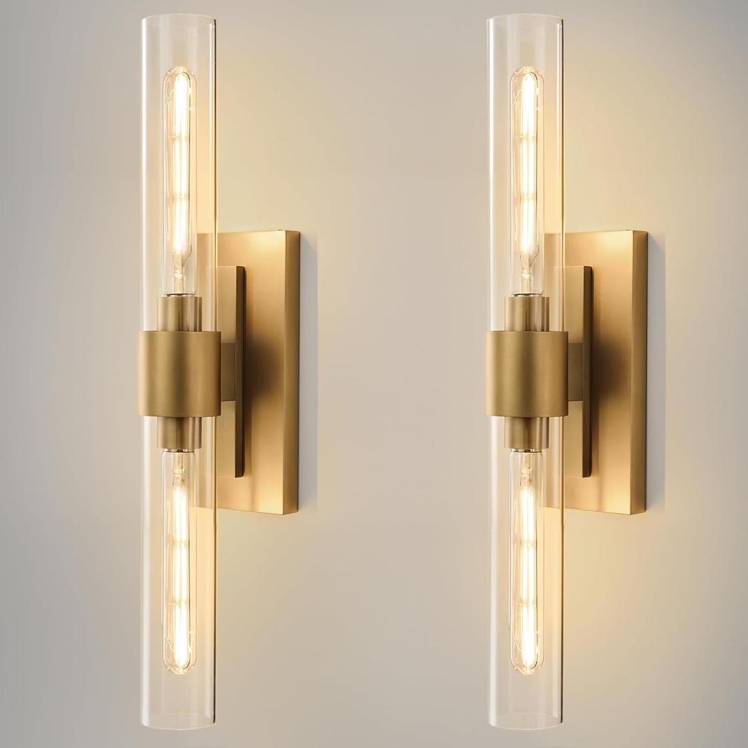 Champagne Brass Bathroom Wall Sconce - Set of 2 Modern Gold Light Sconces - Clear Glass Tube Vanity Lights - Vertical or Horizontal Mounted Dimmable Lighting Fixtures for Indoor Living Room Hallway, 2 Pack