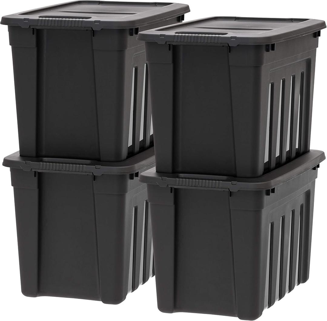 IRIS USA 20 Gallon Heavy Duty Storage Totes with Easy-Grip Handles, 4 Pack - Large Bins with Lids Garage Organizing Tubs, Durable Stackable Utility Containers, Made in USA - Black