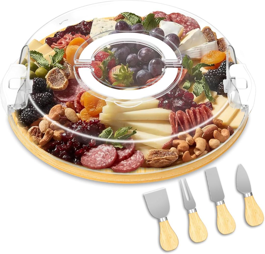 MinBoo Bamboo Round Charcuterie Board with Clear Lid, Travel Picnic Portable Cheese Board Charcuterie Boxes, Meat Fruit Serving Tray Platter, House Warming Gifts New Home, Gifts for Women